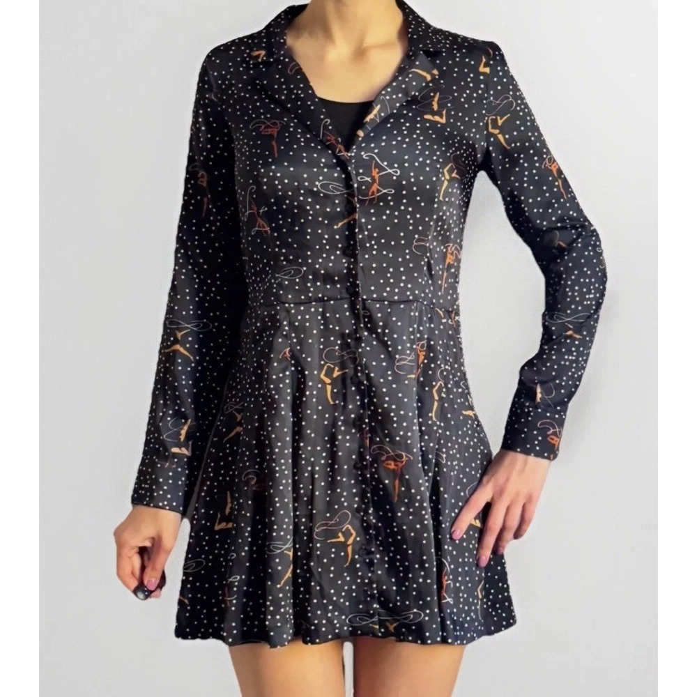 ZARA Gymnast Dancer Streamer Print Button Down Shirt Dress Navy Dark Blue Small - Picture 11 of 12